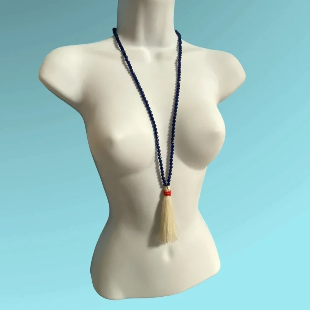 J.CREW Blue Acrylic Beads With White Tassel Pendant